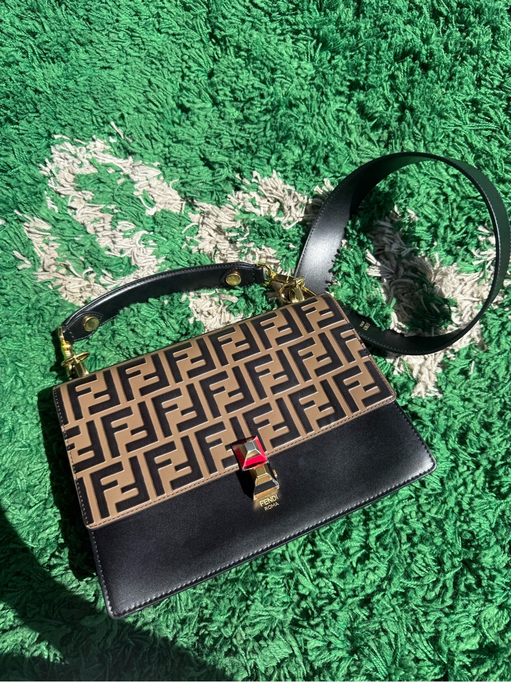 Fendi Kan I Medium Black Zucca Embossed Leather Crossbody Bag